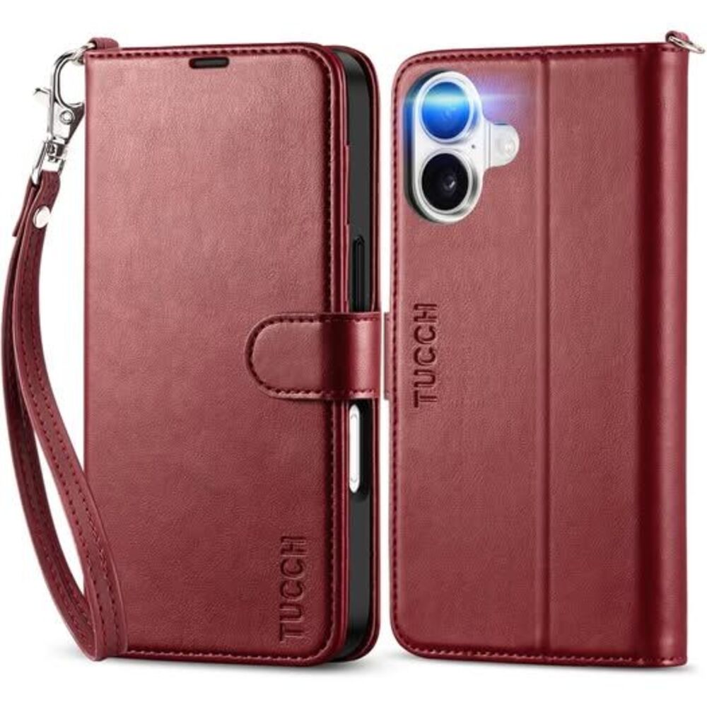 TUCCH Case Wallet with Wrist Strap for iPhone 17 (6.3"), Dark Red